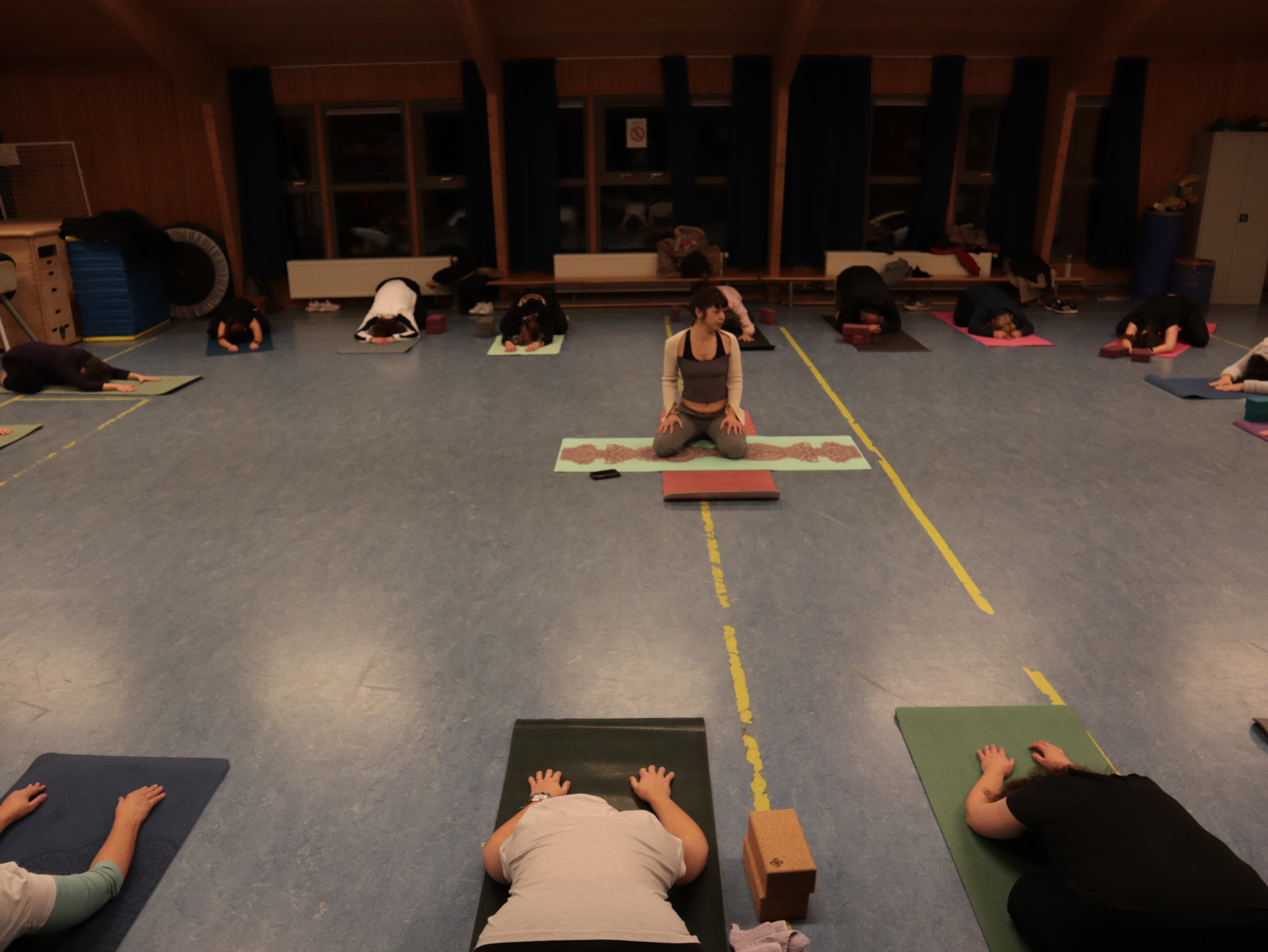 Vue d'ensemble d'un cours de yoga en salle avec des élèves sur leurs tapis.